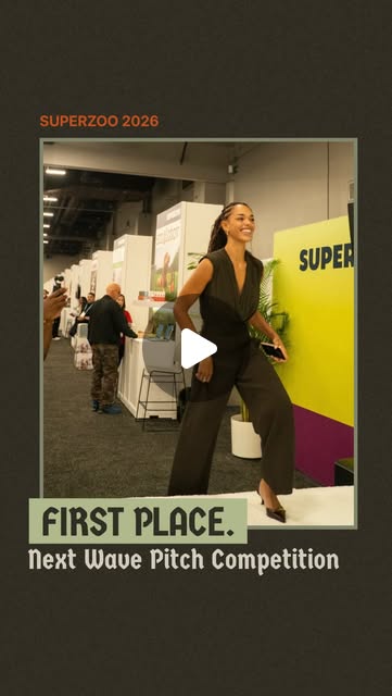 Sierra Obioha walking at SUPERZOO 2026 in an Instagram reel cover labeled ‘First Place. Next Wave Pitch Competition,’ with a play icon.