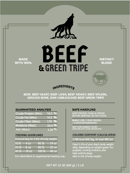Raw Dawg Instinct Blend beef and green tripe product details